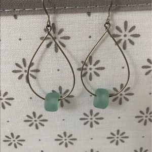Silver Hoop Earrings w/ Turquoise Beach Glass Bead